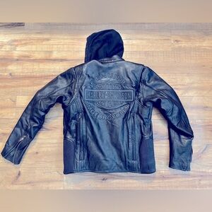 Harley Davidson leather motorcycle jacket with removable hoodie vest.